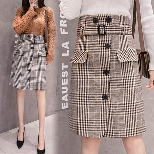 브릿체크 벨트 모직스커트 