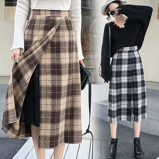 울 혼방 타탄체크 밴딩 스커트