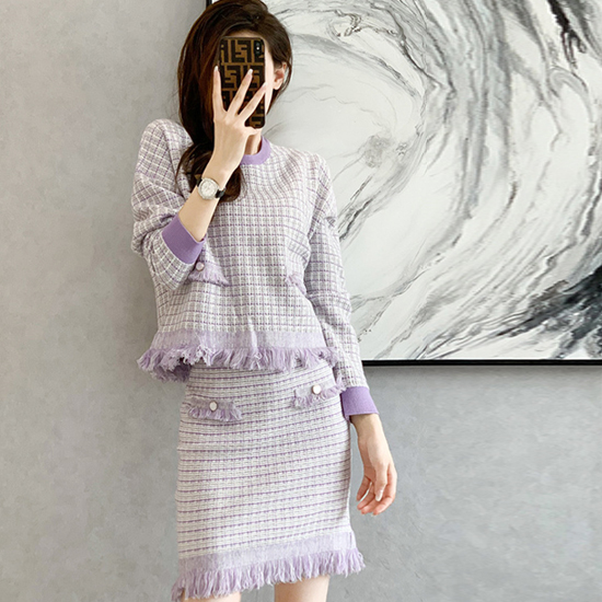 트위드 무드 태슬 니트+밴딩 스커트 세트