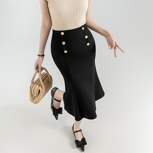 ◈[당일발송]  앞버튼 머메이드 블랙 스커트