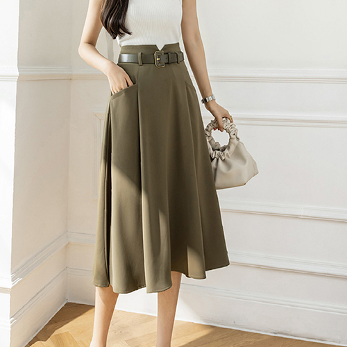 ◈[당일발송] 여성스러운 벨트 플레어 미디 스커트