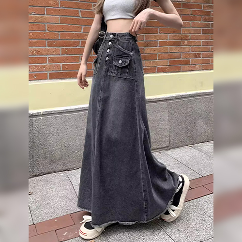 앞포켓 워싱 하이웨스트 데님 스커트