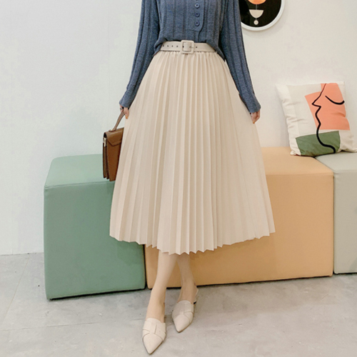 ◈[당일발송] A라인 플리츠 벨트 롱 스커트