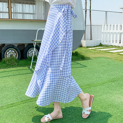  체크 러플 랩 스커트