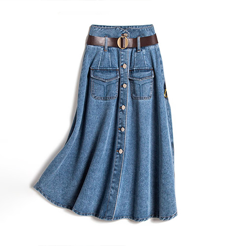 밸트 투포켓 버튼 미디 데님치마