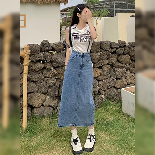 ◈[당일발송] A라인 뒷트임 데님 롱 스커트