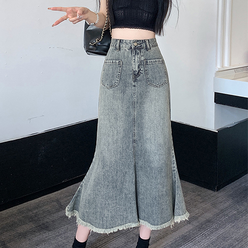 앞포켓 데미지 머메이드 데님 스커트