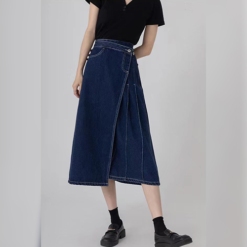 ◈[당일발송] 데님 스티치 핀턱 랩 스커트