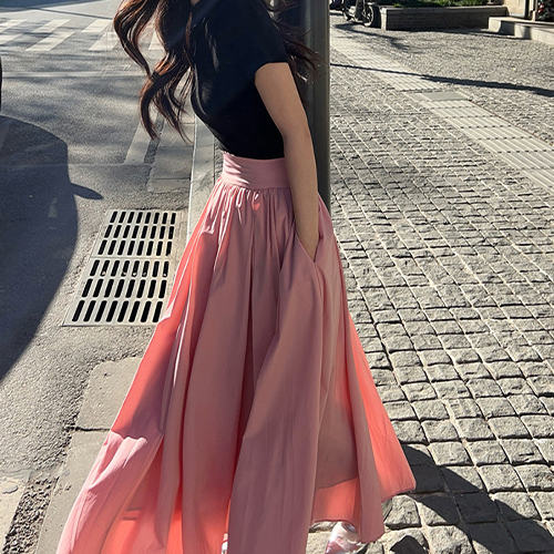 ◈[당일발송] 핑크 하이웨스트 플레어 스커트