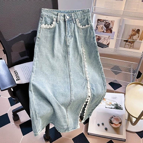 레이스 패치 데님 스커트