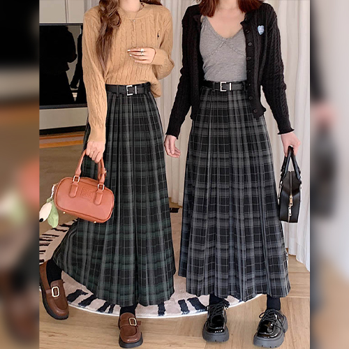 ◈[당일발송] 타탄 체크 플리츠 벨트 스커트