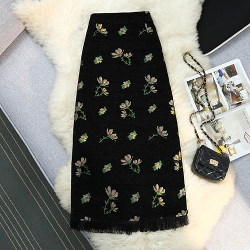 ◈[당일발송] 플라워 니트 프린지 롱 스커트