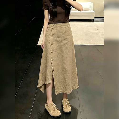 사이드 버튼 내추럴 랩스타일 A 스커트