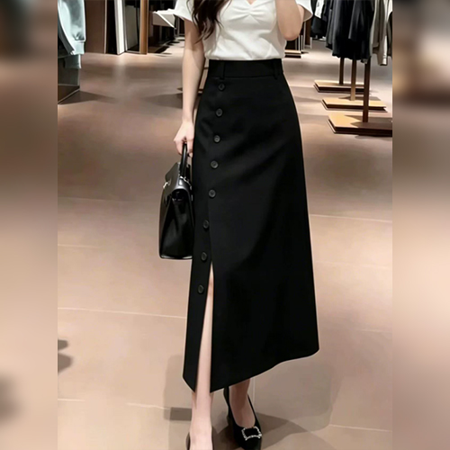 블랙 사이드 버튼 트임 롱 스커트