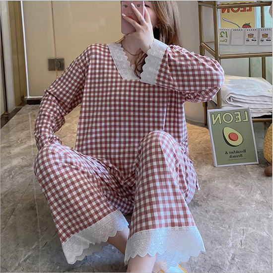 레이스 체크 패턴 홈웨어 세트