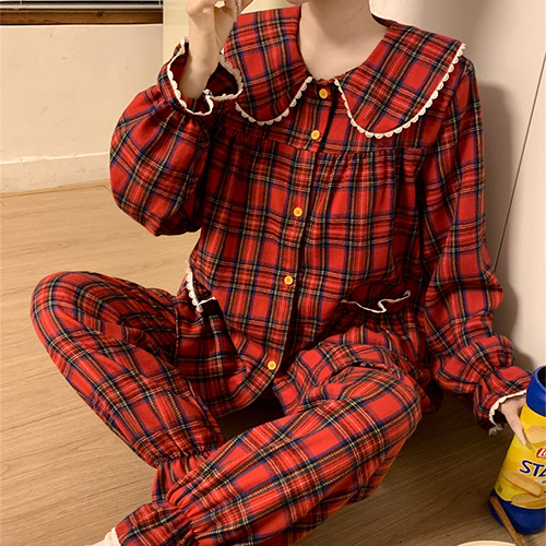 클래식 레드 체크 파자마 세트