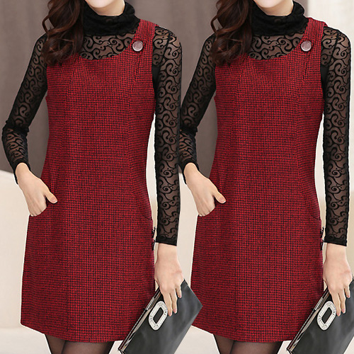 [당일발송] 페미닌 버튼 장식 포켓 모직 원피스