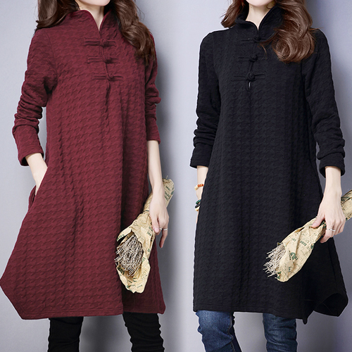 고리단추 엠보패턴 미들원피스