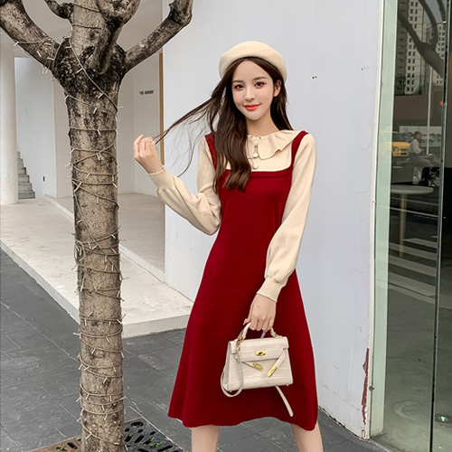 라운드 단추 장식 카라 원피스 