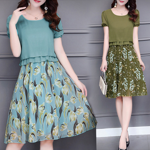 [당일발송]라운드 퍼프 소매 플라워 원피스