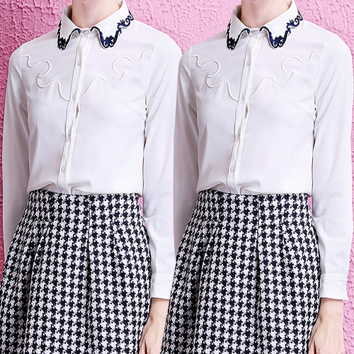 ◈[당일발송]자수카라 포인트 화이트 블라우스