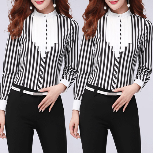 ◈[당일발송]스트라이프 컬러배색 큐빅버튼장식 셔츠