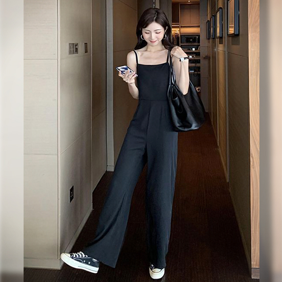 심플 와이드 블랙 점프수트 