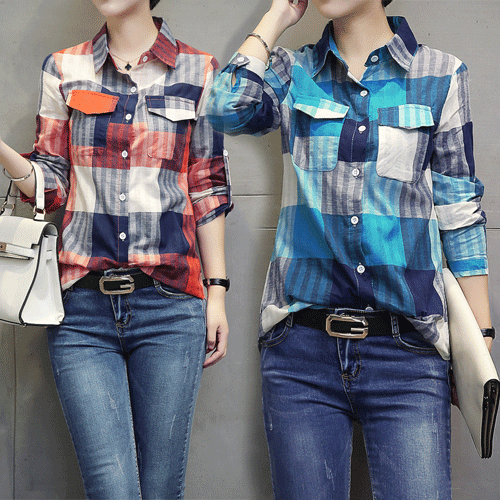 깅엄 체크패턴 세로 스트라이프 포켓 셔츠