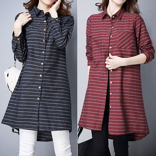 ◈[당일발송] [5월 21일 예약발송]가슴포켓 스트라이프 롱셔츠[SI#439]