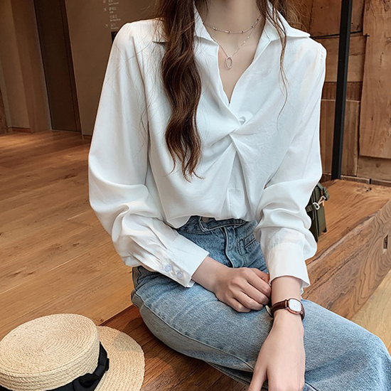  프론트 트위스트 오픈 카라 셔츠