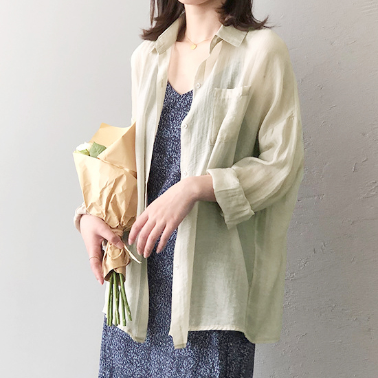 롤업 소매 디자인 시스루 셔츠