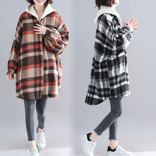 [당일발송] 체크 패턴 볼륨소매 루즈핏 모직혼방 셔츠