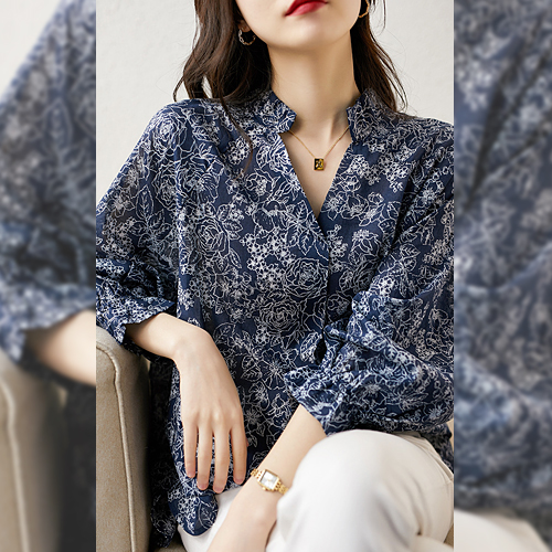 ◈[당일발송] 네이비 플라워 오픈 헨리넥 셔츠