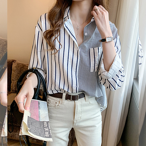 [재입고] 코튼 린넨 스트라이프 루즈 A라인 셔츠