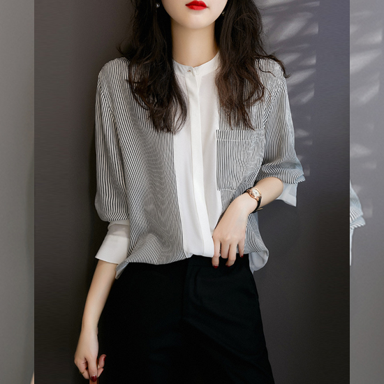 [재입고] 히든 버튼 스트라이프 배색 셔츠