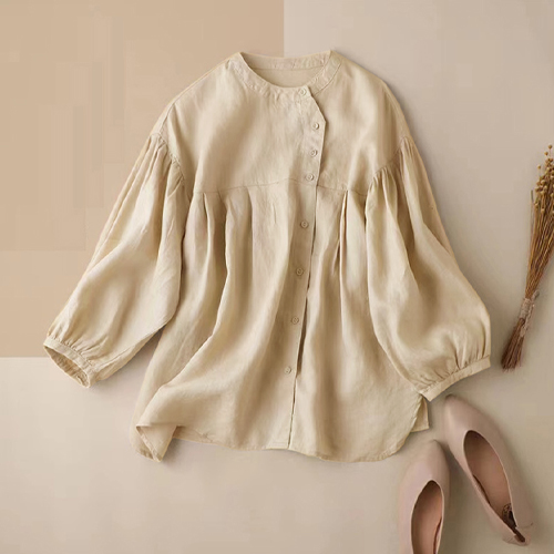 린넨 혼방 핸리넥 블라우스
