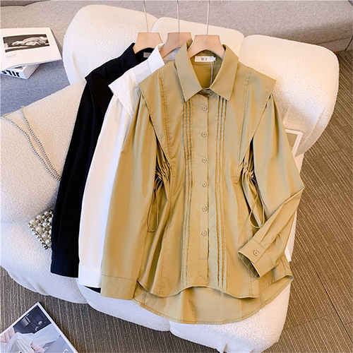 허리 스트링 핀턱 카라 셔츠