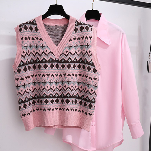 러블리 니트 베스트 셔츠 투피스 세트