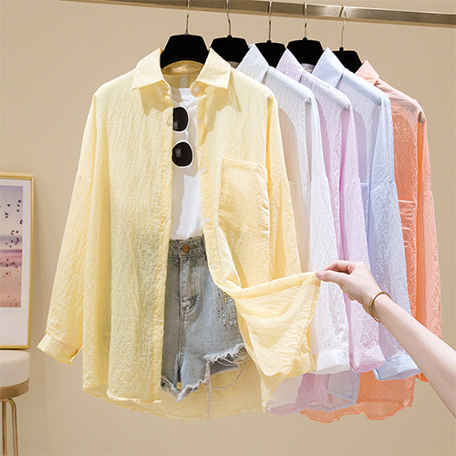 오버핏 시스루 스트라이프 카라 셔츠