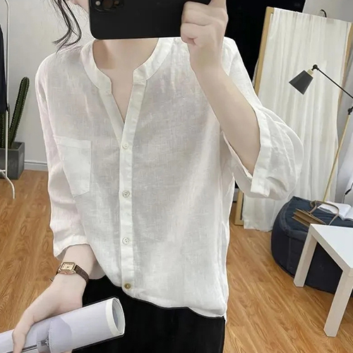 ◈[당일발송] 오픈 V넥 7부 린넨 셔츠