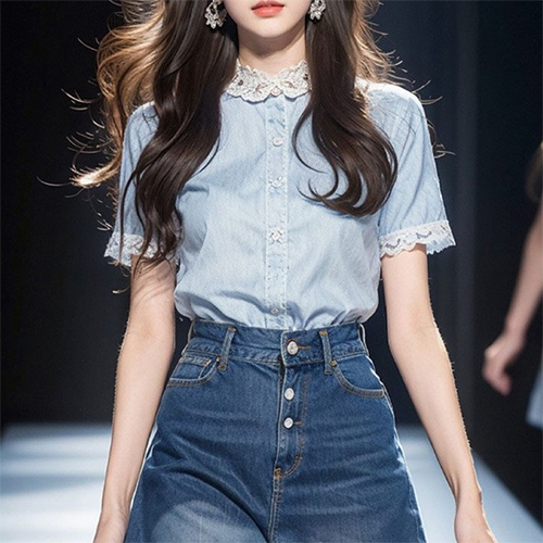 ◈[당일발송] 블루 앤틱 레이스 반팔 셔츠