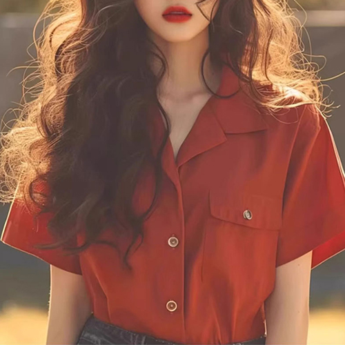 오픈카라 오렌지 무드 반팔 셔츠