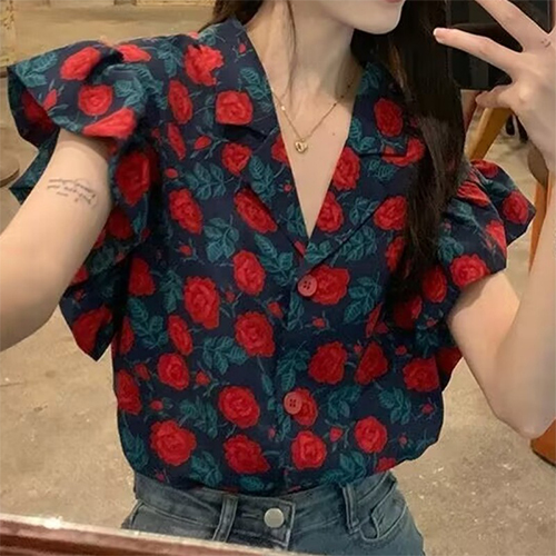 ◈[당일발송] 오픈카라 로즈 프릴 셔츠