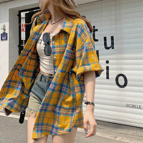 ◈[당일발송] ★자정마감 19990원★옐로우 타탄체크 박시 반팔 셔츠