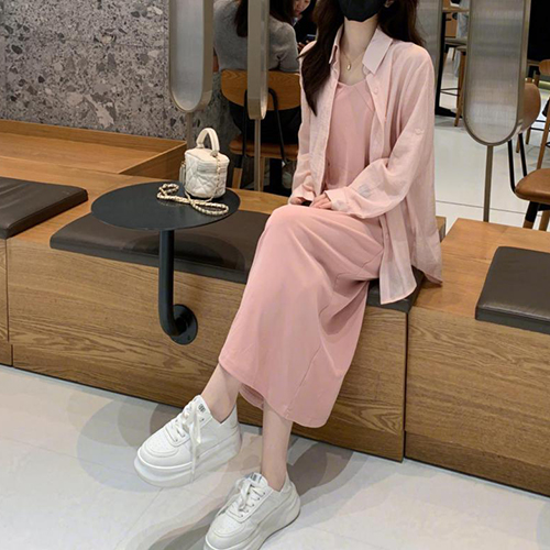 ◈[당일발송] 루즈핏 뒤트임 셔츠&심플 꼬임 민소매 원피스 2SET
