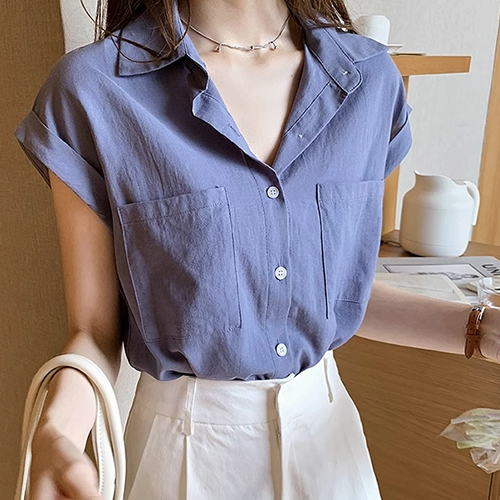 ◈[당일발송] ★수요일 자정마감 50%★투포켓 심플 롤업 캡소매 셔츠