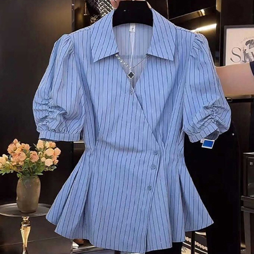 [당일발송]스트라이프 사선 랩 카라 셔츠