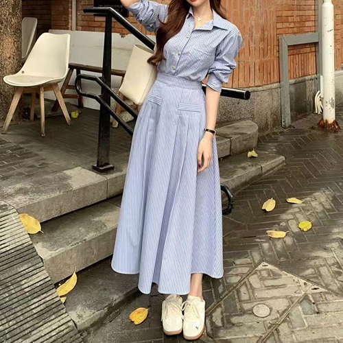 스트라이프 카라 셔츠&스커트 2SET[숏/롱 2가지 타입] [쿠폰 적용 제외] 