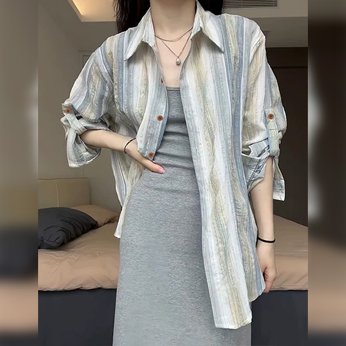 롱 슬리브 스트라이프 루즈핏 셔츠