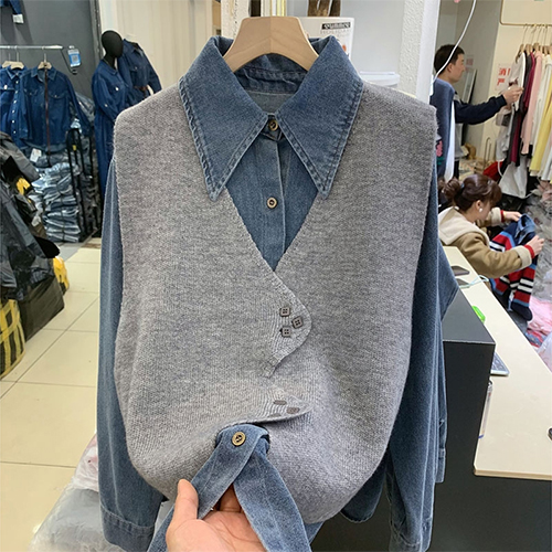 [당일발송]데님 카라 셔츠&니트 조끼 2SET